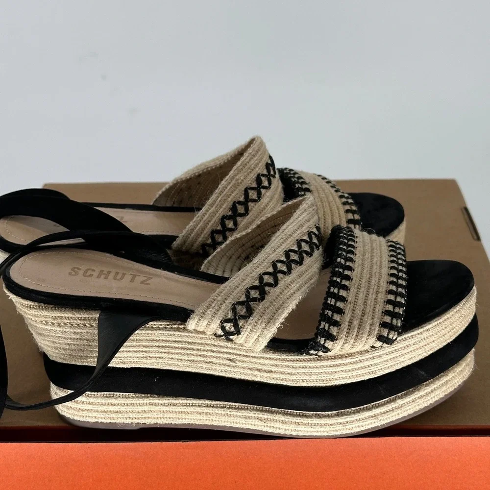 Schutz Denes‎ Platform Espadrilles Black Cream Open Toe Sandal 6.5 Summer Resort